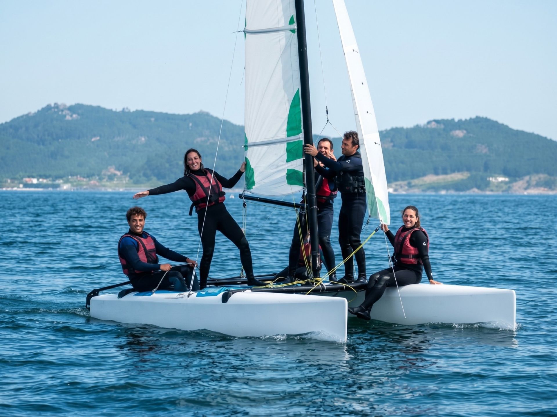 Equipo de empresa a bordo de un catamarán en la ría de Vigo durante una jornada de team building