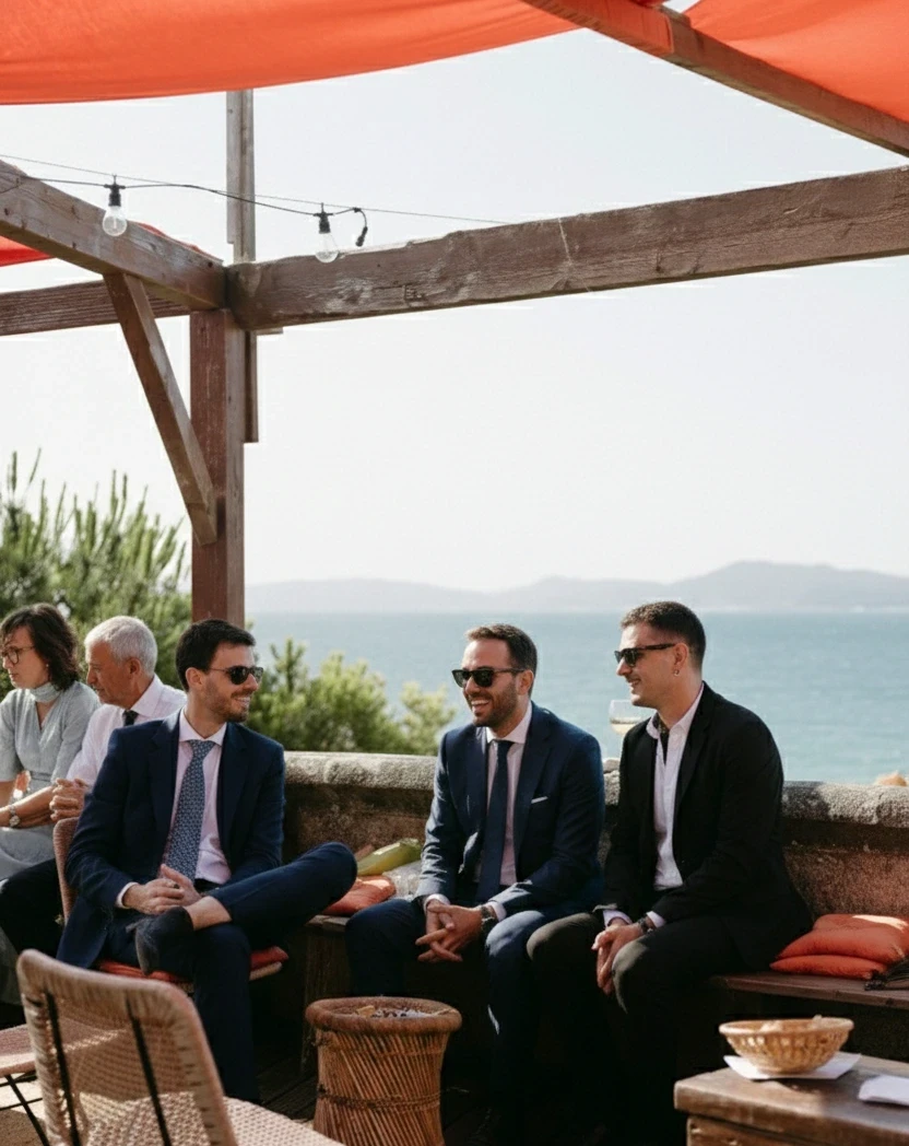 Invitados con traje sentados en la terraza de Finca Fontaíña, con el mar al fondo