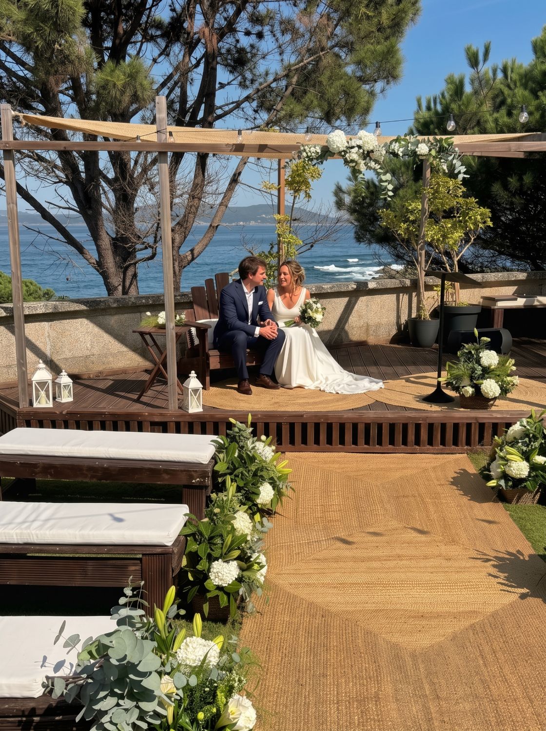 Pareja de novios bajo la pérgola con arco floral en la ceremonia de Finca Fontaíña, con el mar, las olas y las Islas Cíes al fondo, en Vigo